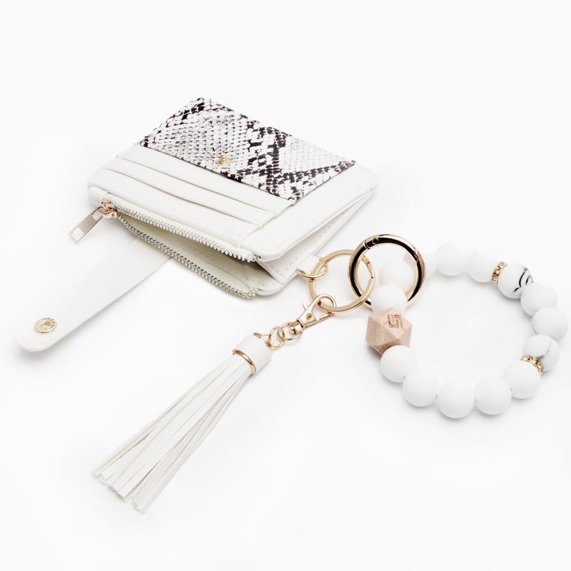 COOLANS Wristlet Bracelet Keychain Pocket Credit Card Holder Purse Tassel Keychain Bangle Key Ring for Women (Silicone Bead Bracelet+Card Purse (Snakeskin white)) - Image 4